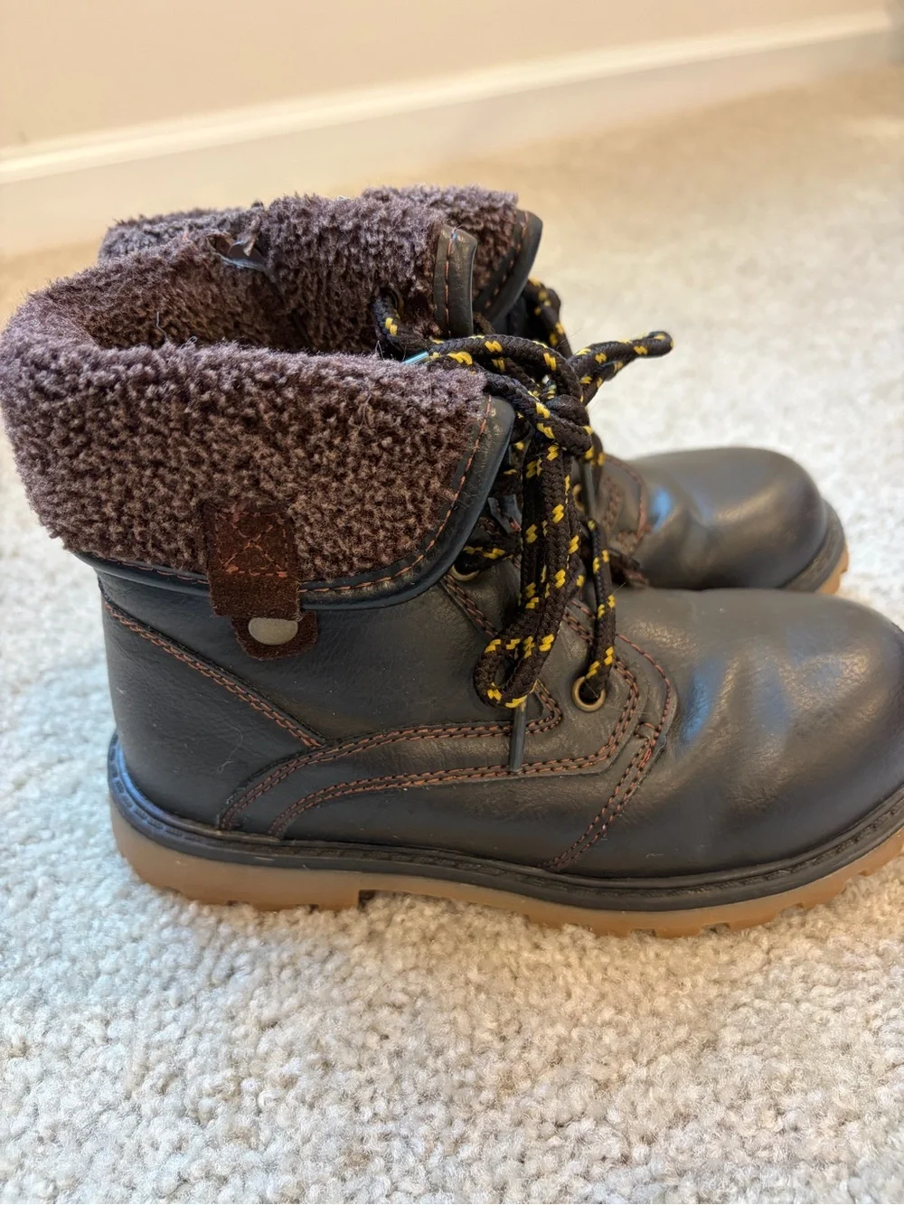 Kids Faux-Fur Collar Brown Outdoor Boots